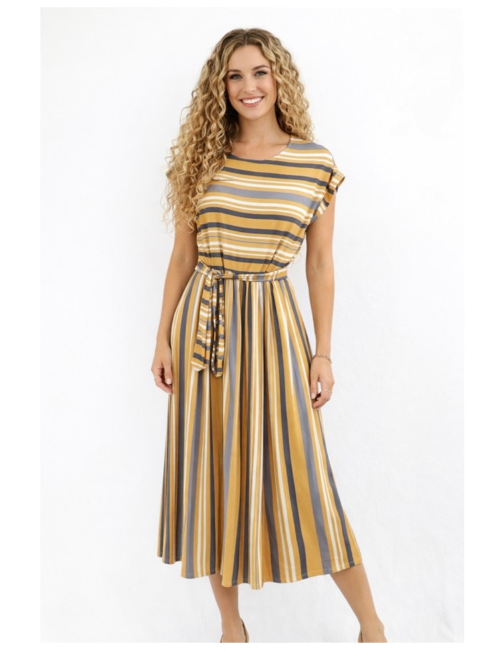orange creek Mustard and Gray Striped Tie-Waist Midi Dress